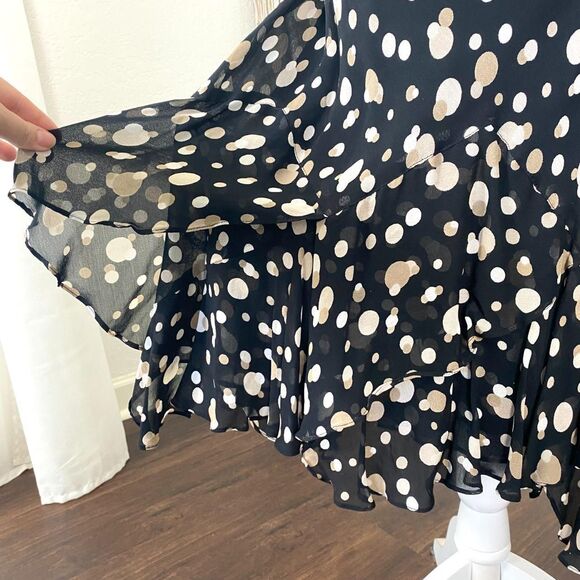 Early 2000's Cream White Polkadot Black Mesh Tiered Frilly Midi Skirt 14 / L - Picture 2 of 7